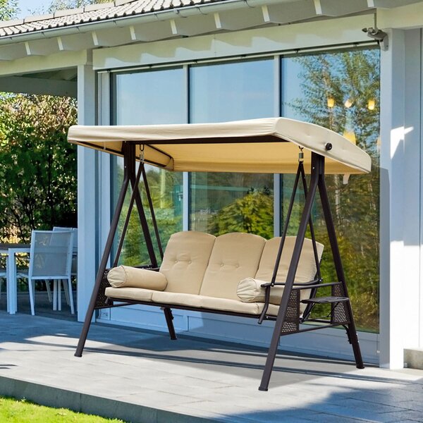 VivaGarden Dondolo da Giardino 3 Posti con Tettuccio Parasole e Portabicchieri in Metallo/Poliestere Dimensioni 280x120x172 cm colore Beige