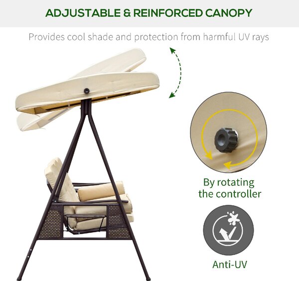 VivaGarden Dondolo da Giardino 3 Posti con Tettuccio Parasole e Portabicchieri in Metallo/Poliestere Dimensioni 280x120x172 cm colore Beige
