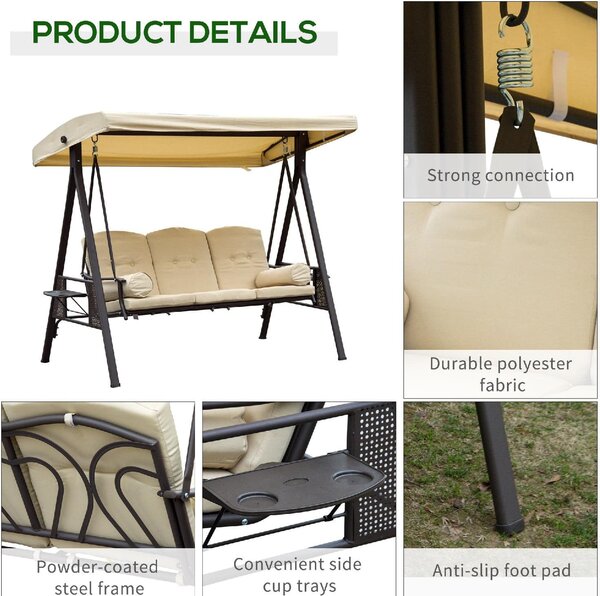 VivaGarden Dondolo da Giardino 3 Posti con Tettuccio Parasole e Portabicchieri in Metallo/Poliestere Dimensioni 280x120x172 cm colore Beige