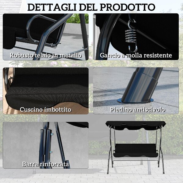VivaGarden Dondolo da Giardino 3 Posti con Tettuccio Parasole in Acciaio/Poliestere Dimensioni 170x110x153 cm colore Nero