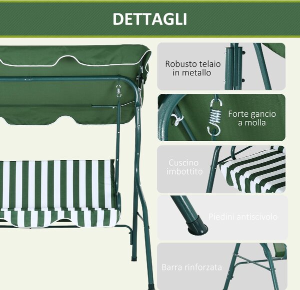 VivaGarden Dondolo da Giardino 3 Posti con Tettuccio Parasole in Acciaio/Poliestere Dimensioni 170x110x153 cm colore Verde/Bianco