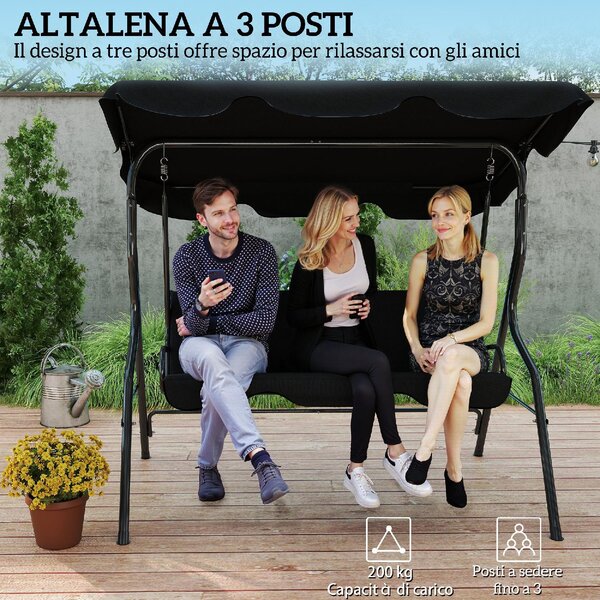 VivaGarden Dondolo da Giardino 3 Posti con Tettuccio Parasole in Acciaio/Poliestere Dimensioni 170x110x153 cm colore Nero