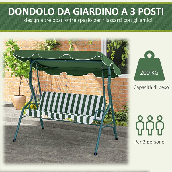 VivaGarden Dondolo da Giardino 3 Posti con Tettuccio Parasole in Acciaio/Poliestere Dimensioni 170x110x153 cm colore Verde/Bianco