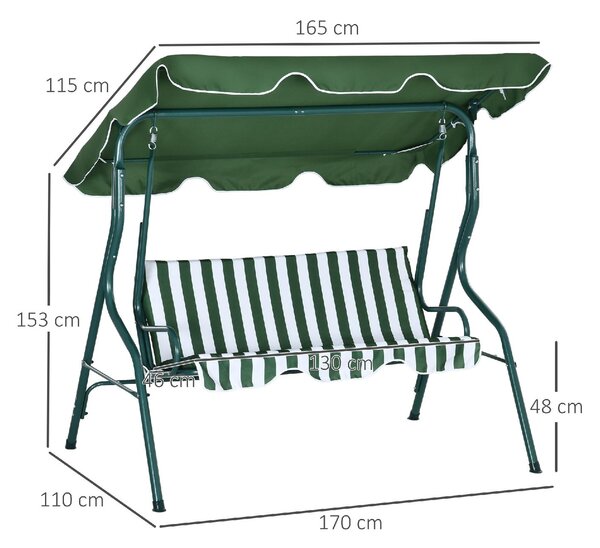 VivaGarden Dondolo da Giardino 3 Posti con Tettuccio Parasole in Acciaio/Poliestere Dimensioni 170x110x153 cm colore Verde/Bianco