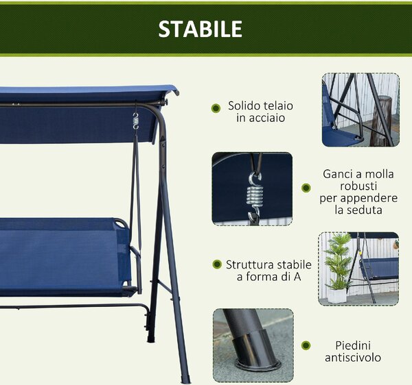 VivaGarden Dondolo da Giardino 3 Posti con Tettuccio Parasole in Acciaio/Poliestere Dimensioni 172x110x153 cm colore Blu Scuro