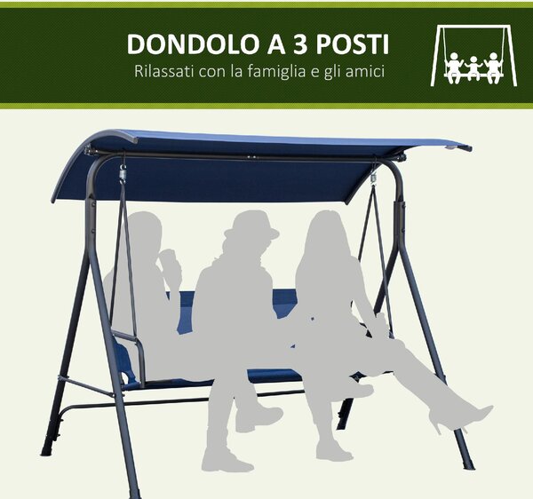 VivaGarden Dondolo da Giardino 3 Posti con Tettuccio Parasole in Acciaio/Poliestere Dimensioni 172x110x153 cm colore Blu Scuro