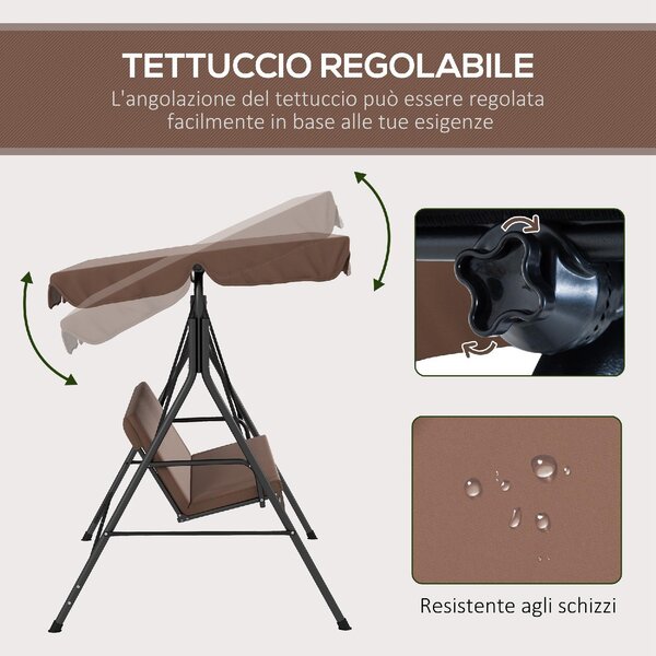 VivaGarden Dondolo da Giardino 3 Posti con Tettuccio Parasole in Acciaio/Poliestere Dimensioni 172x110x153 cm colore Marrone