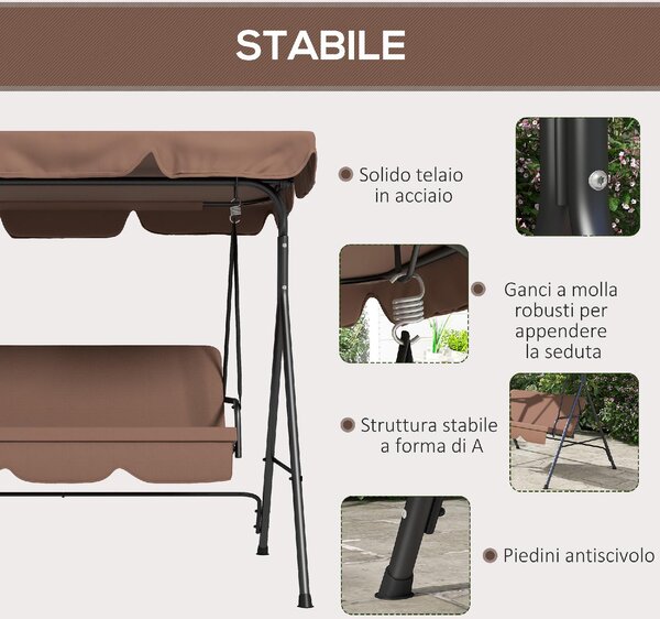 VivaGarden Dondolo da Giardino 3 Posti con Tettuccio Parasole in Acciaio/Poliestere Dimensioni 172x110x153 cm colore Marrone