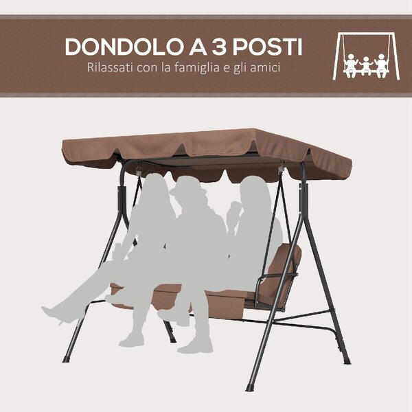 VivaGarden Dondolo da Giardino 3 Posti con Tettuccio Parasole in Acciaio/Poliestere Dimensioni 172x110x153 cm colore Marrone