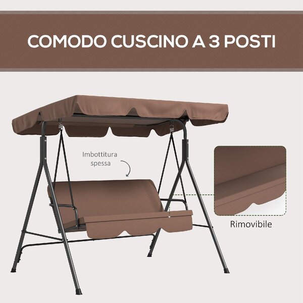 VivaGarden Dondolo da Giardino 3 Posti con Tettuccio Parasole in Acciaio/Poliestere Dimensioni 172x110x153 cm colore Marrone