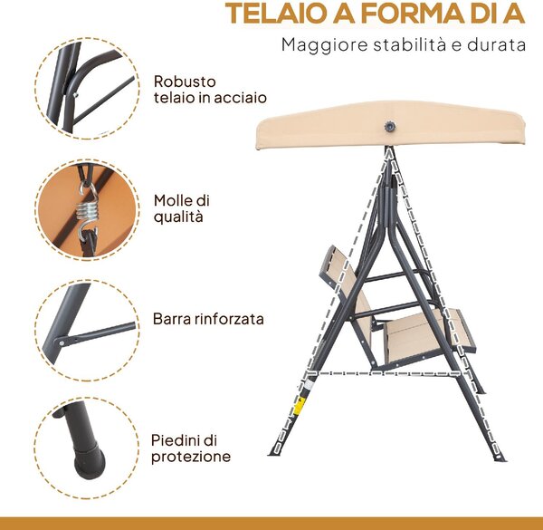 VivaGarden Dondolo da Giardino 3 Posti con Tettuccio Parasole in Acciaio/Poliestere Dimensioni 175x118x159 cm colore Beige