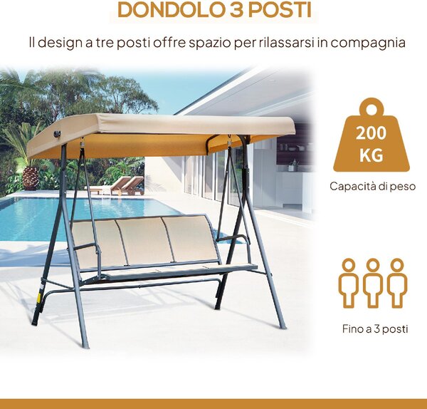 VivaGarden Dondolo da Giardino 3 Posti con Tettuccio Parasole in Acciaio/Poliestere Dimensioni 175x118x159 cm colore Beige