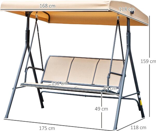 VivaGarden Dondolo da Giardino 3 Posti con Tettuccio Parasole in Acciaio/Poliestere Dimensioni 175x118x159 cm colore Beige