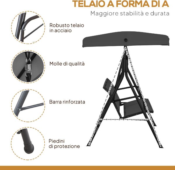 VivaGarden Dondolo da Giardino 3 Posti con Tettuccio Parasole in Acciaio/Poliestere Dimensioni 175x118x159 cm colore Nero