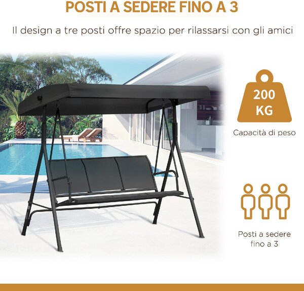 VivaGarden Dondolo da Giardino 3 Posti con Tettuccio Parasole in Acciaio/Poliestere Dimensioni 175x118x159 cm colore Nero
