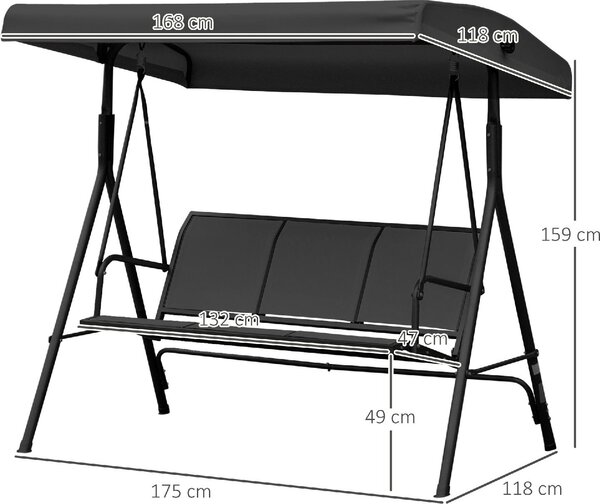 VivaGarden Dondolo da Giardino 3 Posti con Tettuccio Parasole in Acciaio/Poliestere Dimensioni 175x118x159 cm colore Nero