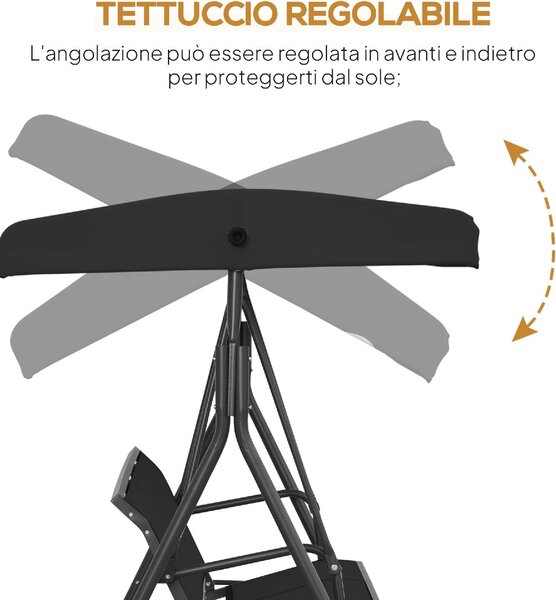 VivaGarden Dondolo da Giardino 3 Posti con Tettuccio Parasole in Acciaio/Poliestere Dimensioni 175x118x159 cm colore Nero