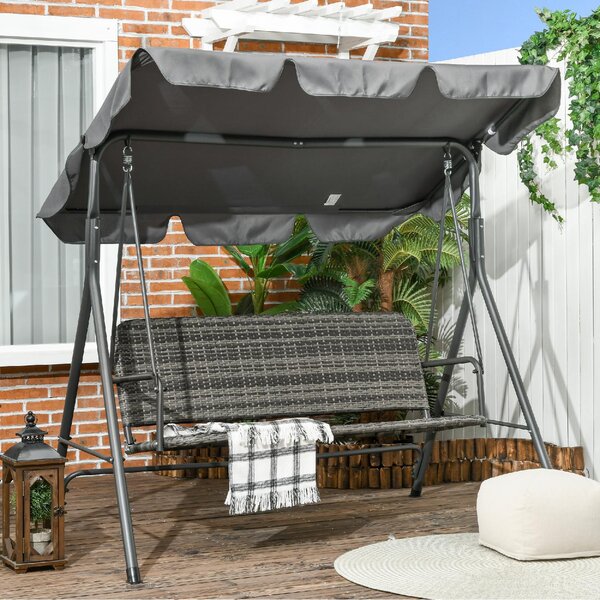 VivaGarden Dondolo da Giardino 3 Posti con Tettuccio Parasole in Acciaio/Rattan PE Dimensioni 167x112x153 cm colore Grigio Scuro