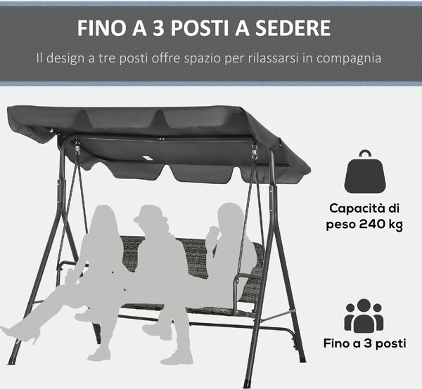VivaGarden Dondolo da Giardino 3 Posti con Tettuccio Parasole in Acciaio/Rattan PE Dimensioni 167x112x153 cm colore Grigio Scuro