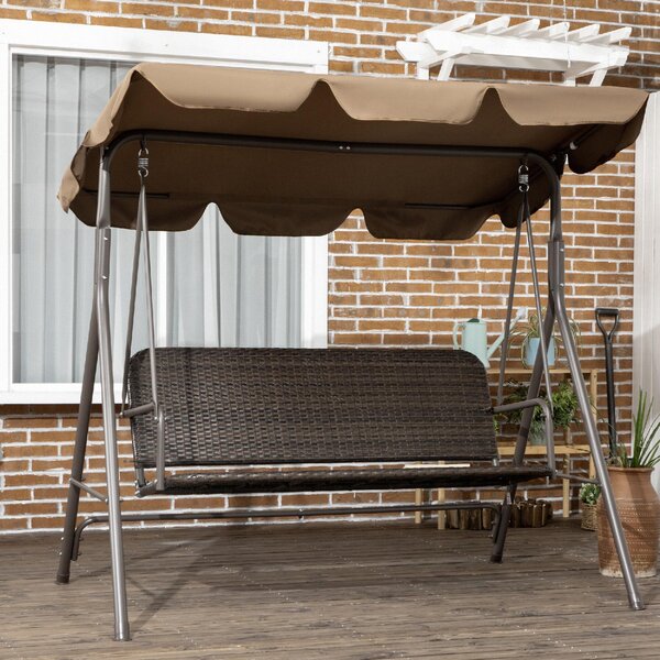 VivaGarden Dondolo da Giardino 3 Posti con Tettuccio Parasole in Acciaio/Rattan PE Dimensioni 167x112x153 cm colore Marrone