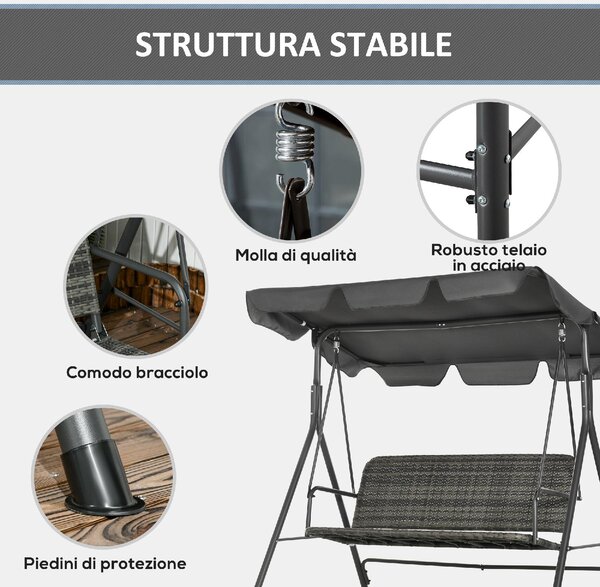 VivaGarden Dondolo da Giardino 3 Posti con Tettuccio Parasole in Acciaio/Rattan PE Dimensioni 167x112x153 cm colore Grigio Scuro