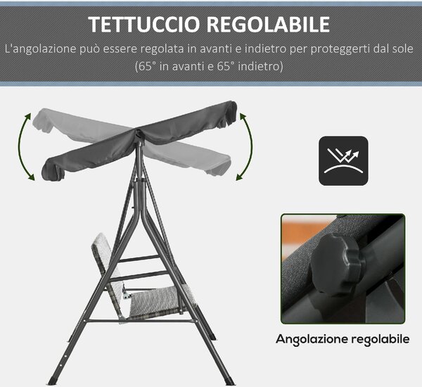 VivaGarden Dondolo da Giardino 3 Posti con Tettuccio Parasole in Acciaio/Rattan PE Dimensioni 167x112x153 cm colore Grigio Scuro