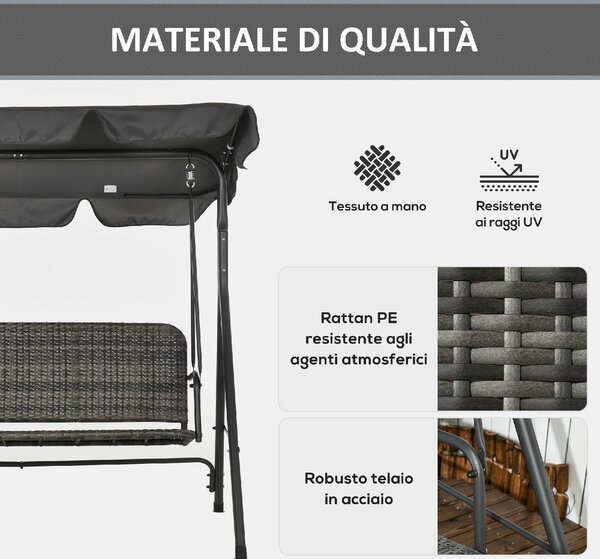 VivaGarden Dondolo da Giardino 3 Posti con Tettuccio Parasole in Acciaio/Rattan PE Dimensioni 167x112x153 cm colore Grigio Scuro