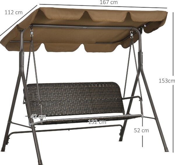 VivaGarden Dondolo da Giardino 3 Posti con Tettuccio Parasole in Acciaio/Rattan PE Dimensioni 167x112x153 cm colore Marrone