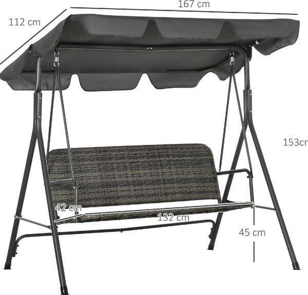 VivaGarden Dondolo da Giardino 3 Posti con Tettuccio Parasole in Acciaio/Rattan PE Dimensioni 167x112x153 cm colore Grigio Scuro