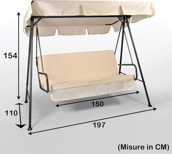 VivaGarden Dondolo da Giardino 3 Posti con Tettuccio Parasole in Metallo colore Beige - Twist