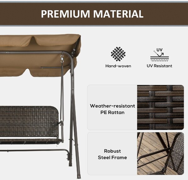 VivaGarden Dondolo da Giardino 3 Posti con Tettuccio Parasole in Acciaio/Rattan PE Dimensioni 167x112x153 cm colore Marrone