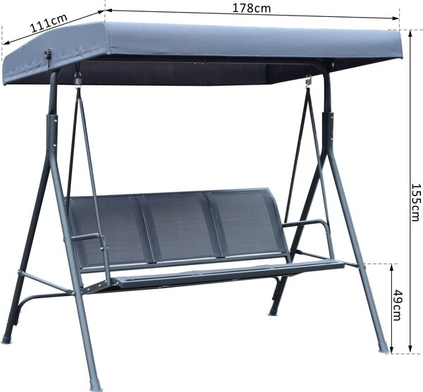 VivaGarden Dondolo da Giardino 3 Posti con Tettuccio Parasole in Metallo Dimensioni 178x111x155 cm colore Grigio
