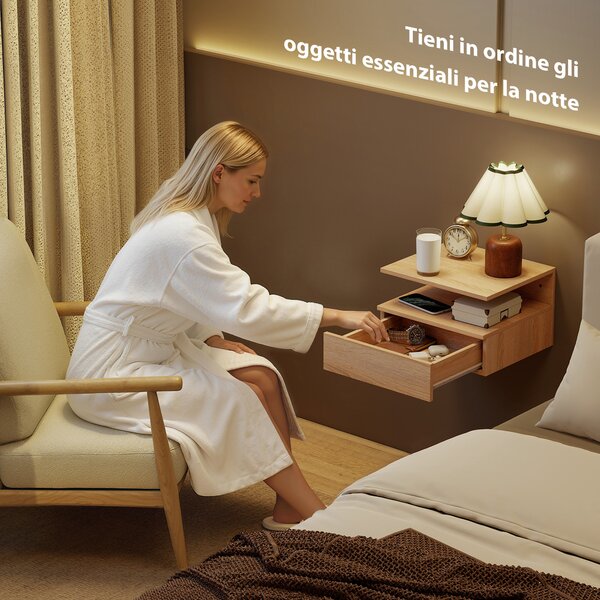 HOMCOM Set di 2 Comodini Sospesi con Cassetto e Mensola Aperta, 35x32x22.5 cm, Rovere | Aosom Italy