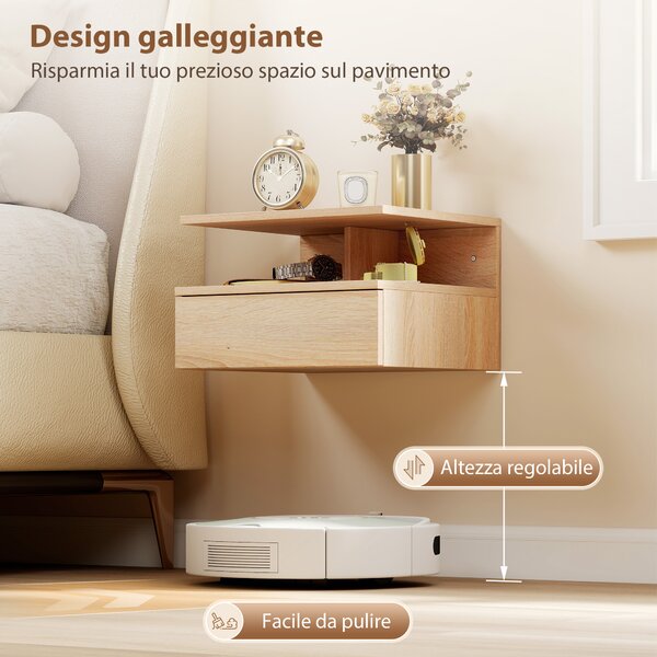 HOMCOM Set di 2 Comodini Sospesi con Cassetto e Mensola Aperta, 35x32x22.5 cm, Rovere | Aosom Italy