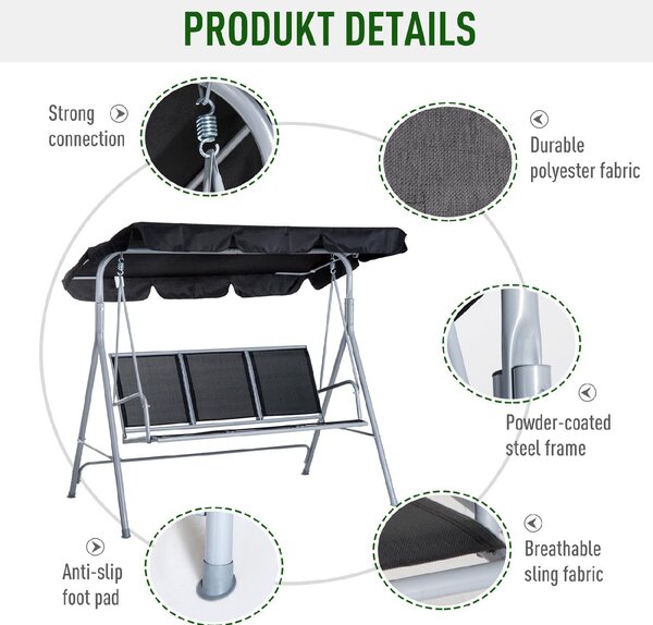 VivaGarden Dondolo da Giardino 3 Posti con Tettuccio Parasole in Metallo/Poliestere Dimensioni 170x110x153 cm colore Nero/Grigio