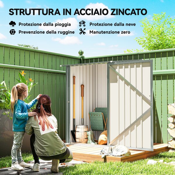 Outsunny Casetta da Giardino con Porta a Battente, Capanno Porta Attrezzi in Acciaio Galvanizzato, 100x104x160 cm, Argento | Aosom Italy