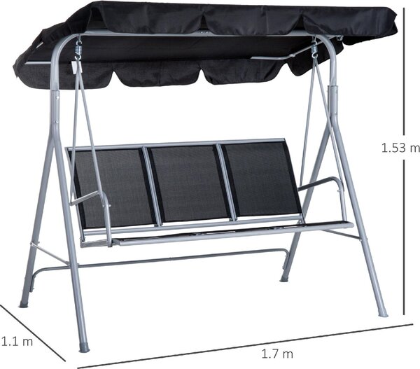 VivaGarden Dondolo da Giardino 3 Posti con Tettuccio Parasole in Metallo/Poliestere Dimensioni 170x110x153 cm colore Nero/Grigio