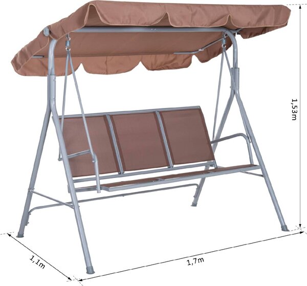 VivaGarden Dondolo da Giardino 3 Posti con Tettuccio Parasole in Metallo/Poliestere Dimensioni 170x112x153 cm colore Marrone/Argento