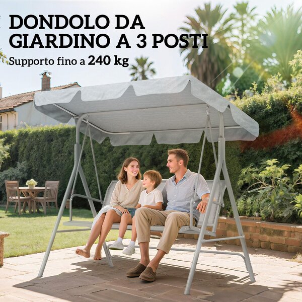 VivaGarden Dondolo da Giardino 3 Posti con Tettuccio Parasole in Metallo/Poliestere Dimensioni 171x108x154 cm colore Grigio Chiaro