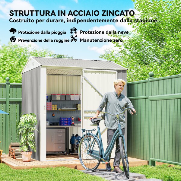 Outsunny Casetta da Giardino Alta in Acciaio da 3.51m² con Prese d'Aria e Porta Bloccabile, 209x177x236 cm, Argento | Aosom Italy