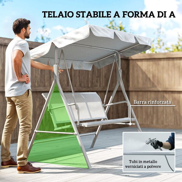VivaGarden Dondolo da Giardino 3 Posti con Tettuccio Parasole in Metallo/Poliestere Dimensioni 171x108x154 cm colore Grigio Chiaro
