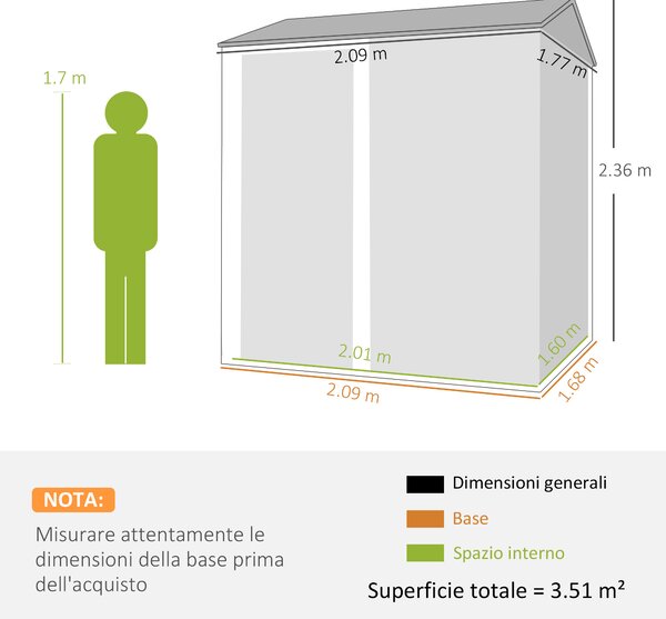 Outsunny Casetta da Giardino Alta in Acciaio da 3.51m² con Prese d'Aria e Porta Bloccabile, 209x177x236 cm, Argento | Aosom Italy