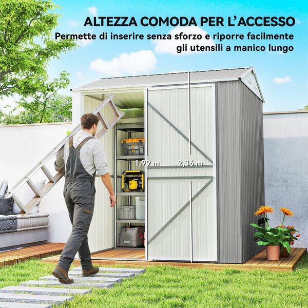 Outsunny Casetta da Giardino Alta in Acciaio da 3.51m² con Prese d'Aria e Porta Bloccabile, 209x177x236 cm, Argento | Aosom Italy