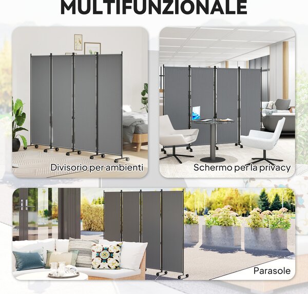 Outsunny Paravento da Esterno e Interno a 4 Pannelli Pieghevole con Ruote, 221x50x172cm, Grigio Scuro | Aosom Italy
