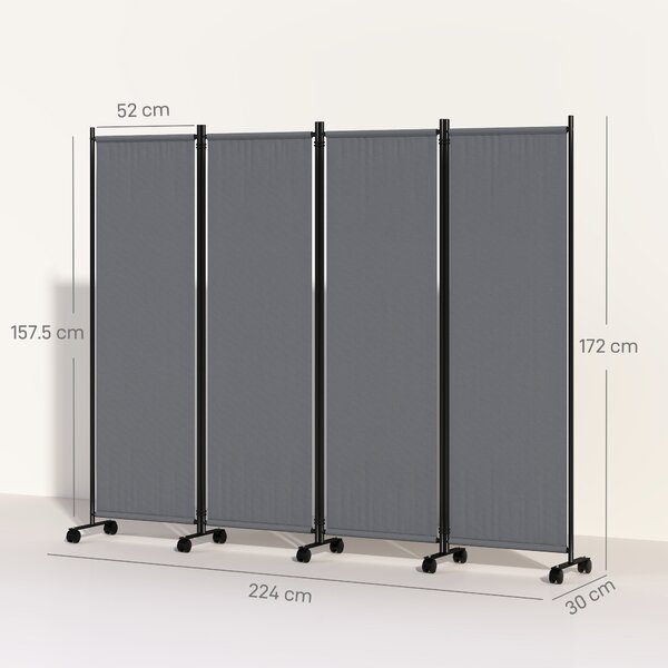 Outsunny Paravento da Esterno e Interno a 4 Pannelli Pieghevole con Ruote, 221x50x172cm, Grigio Scuro | Aosom Italy