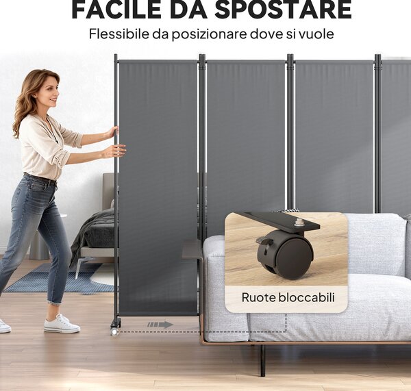 Outsunny Paravento da Esterno e Interno a 4 Pannelli Pieghevole con Ruote, 221x50x172cm, Grigio Scuro | Aosom Italy