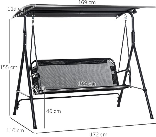 VivaGarden Dondolo da Giardino 3 Posti con Tettuccio Parasole in Metallo/Poliestere Dimensioni 172x110x155 cm colore Nero