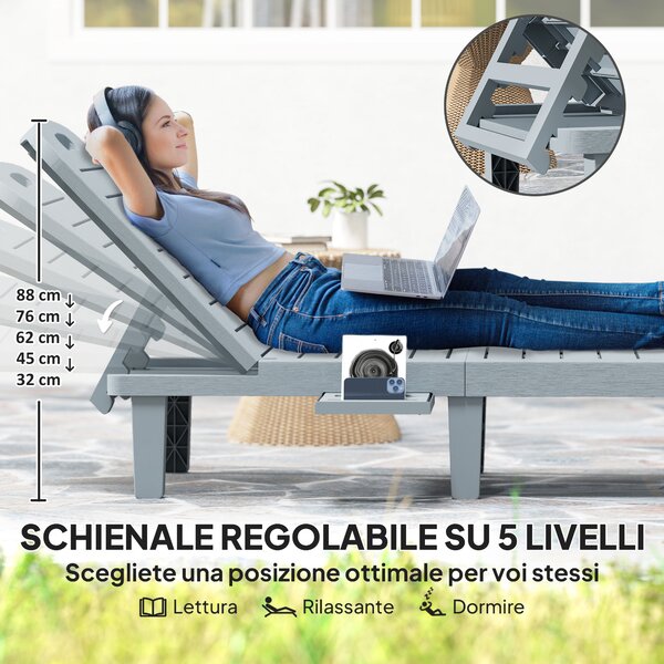 Outsunny Set 2 Lettini Prendisole con Schienale Regolabile e Vassoi, in Polipropilene, 62x158x88 cm, Grigio Scuro | Aosom Italy