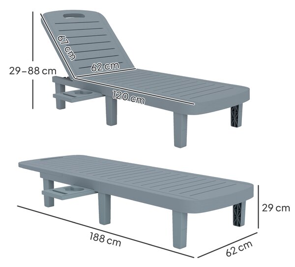 Outsunny Set 2 Lettini Prendisole con Schienale Regolabile e Vassoi, in Polipropilene, 62x158x88 cm, Grigio Scuro | Aosom Italy