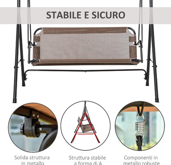 VivaGarden Dondolo da Giardino 3 Posti con Tettuccio Parasole in Metallo/Poliestere Dimensioni 172x110x155 cm colore Marrone